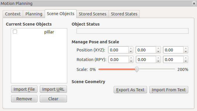 MoveIt planning scene object tab